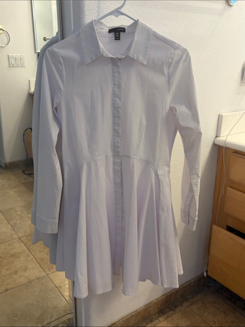 Aqua White Long-Sleeve Button-Front Flared Shirt Dress